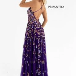 Primavera Couture 3740 Beaded Prom Dress Floral Design A Line Crisscross Open Back Backless Dresses