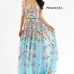 Primavera Couture 3740 Beaded Prom Dress Floral Design A Line Crisscross Open Back Backless Dresses
