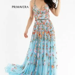Primavera Couture 3740 Beaded Prom Dress Floral Design A Line Crisscross Open Back Backless Dresses