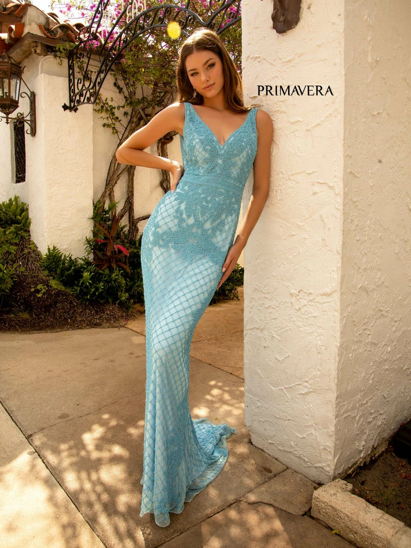 Primavera Couture 3741 Prom Dress Beaded Lace And Diamond Design V Neckline V Back 6 Primavera Couture 3741 Prom Dress Beaded Lace And Diamond Design V Neckline V Back