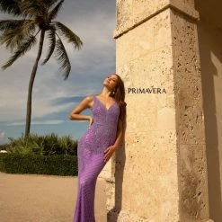 Primavera Couture 3741 Prom Dress Beaded Lace And Diamond Design V Neckline V Back 48 Primavera Couture 3741 Prom Dress Beaded Lace And Diamond Design V Neckline V Back