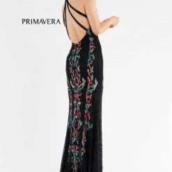 Sequin Dresses Primavera Couture 3742 Sequined Prom Dress High Neckline Strappy Back Scroll Design Slit