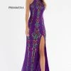 Sequin Dresses Primavera Couture 3742 Sequined Prom Dress High Neckline Strappy Back Scroll Design Slit