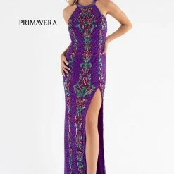Sequin Dresses Primavera Couture 3742 Sequined Prom Dress High Neckline Strappy Back Scroll Design Slit