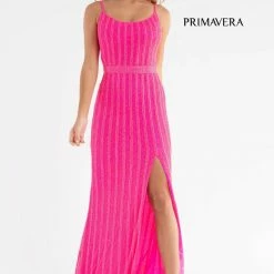 Backless Dresses Primavera Couture 3743 Vertical Beading Prom Dress V Neckline Square Back Slit