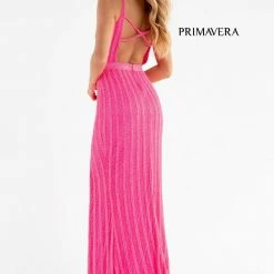 Backless Dresses Primavera Couture 3743 Vertical Beading Prom Dress V Neckline Square Back Slit