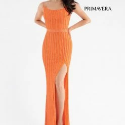 Backless Dresses Primavera Couture 3743 Vertical Beading Prom Dress V Neckline Square Back Slit