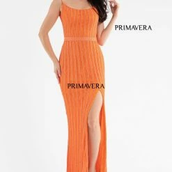 Backless Dresses Primavera Couture 3743 Vertical Beading Prom Dress V Neckline Square Back Slit