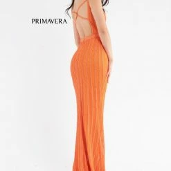 Backless Dresses Primavera Couture 3743 Vertical Beading Prom Dress V Neckline Square Back Slit