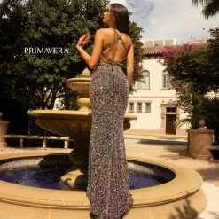 Primavera Couture 3744 Sequined Prom Dress Strappy Back V Neckline Cutouts Slit