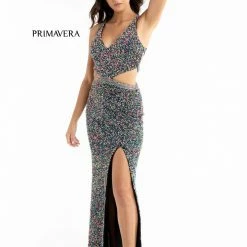 Primavera Couture 3744 Sequined Prom Dress Strappy Back V Neckline Cutouts Slit