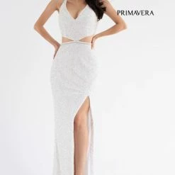 Primavera Couture 3744 Sequined Prom Dress Strappy Back V Neckline Cutouts Slit