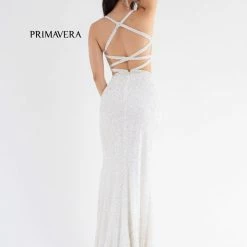Primavera Couture 3744 Sequined Prom Dress Strappy Back V Neckline Cutouts Slit