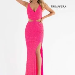 Primavera Couture 3744 Sequined Prom Dress Strappy Back V Neckline Cutouts Slit