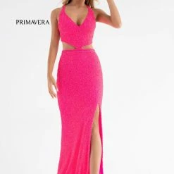 Primavera Couture 3744 Sequined Prom Dress Strappy Back V Neckline Cutouts Slit