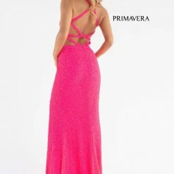 Primavera Couture 3744 Sequined Prom Dress Strappy Back V Neckline Cutouts Slit