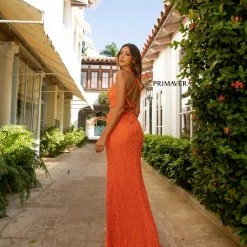 Primavera Couture 3744 Sequined Prom Dress Strappy Back V Neckline Cutouts Slit