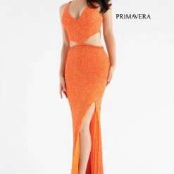 Primavera Couture 3744 Sequined Prom Dress Strappy Back V Neckline Cutouts Slit