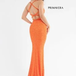 Primavera Couture 3744 Sequined Prom Dress Strappy Back V Neckline Cutouts Slit