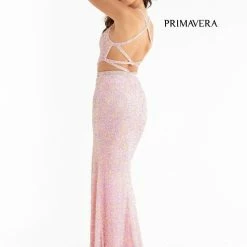 Primavera Couture 3744 Sequined Prom Dress Strappy Back V Neckline Cutouts Slit