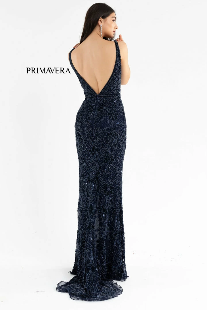 Primavera Couture 3745 Fully Beaded Prom Dress V Neckline V Back Evening Gown 11 Primavera Couture 3745 Fully Beaded Prom Dress V Neckline V Back Evening Gown