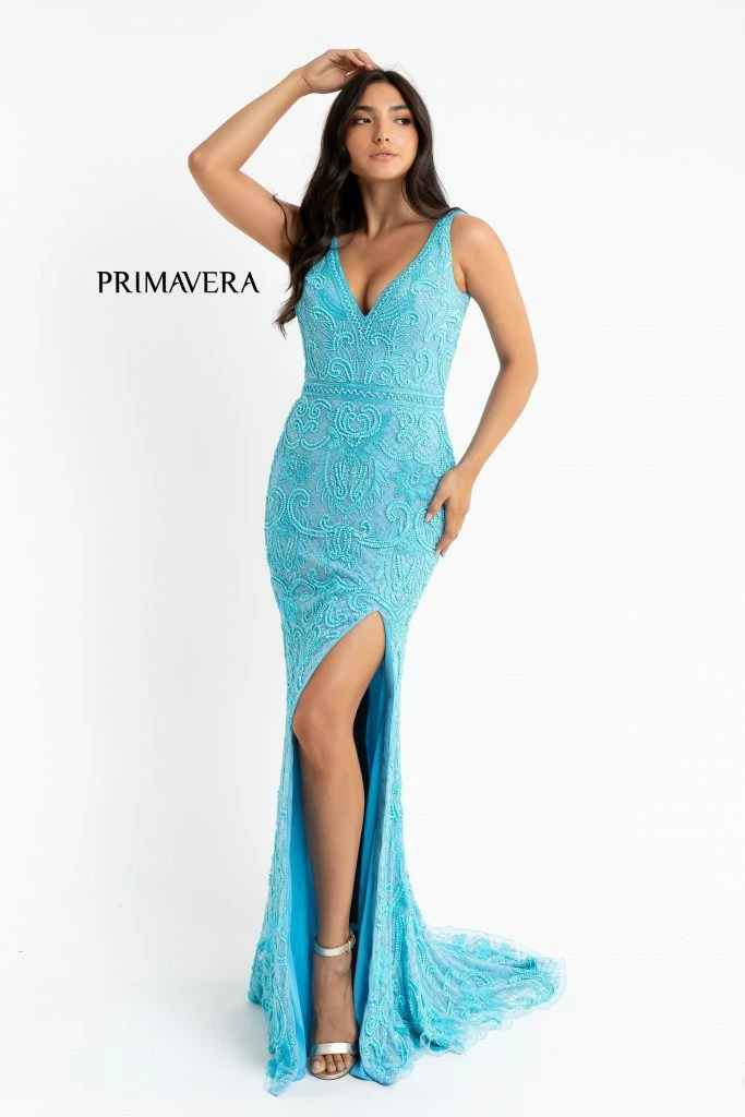 Primavera Couture 3745 Fully Beaded Prom Dress V Neckline V Back Evening Gown 8 Primavera Couture 3745 Fully Beaded Prom Dress V Neckline V Back Evening Gown