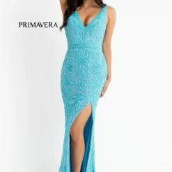 Primavera Couture 3745 Fully Beaded Prom Dress V Neckline V Back Evening Gown
