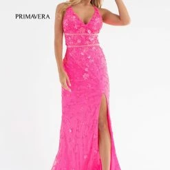 Primavera Couture 3746 3D Flowers Prom Dress Beaded V Neckline Evening Gown Slit Backless Dresses