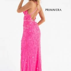 Primavera Couture 3746 3D Flowers Prom Dress Beaded V Neckline Evening Gown Slit Backless Dresses