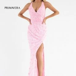 Primavera Couture 3746 3D Flowers Prom Dress Beaded V Neckline Evening Gown Slit Backless Dresses