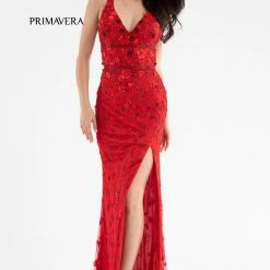 Primavera Couture 3746 3D Flowers Prom Dress Beaded V Neckline Evening Gown Slit Backless Dresses