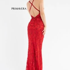 Primavera Couture 3746 3D Flowers Prom Dress Beaded V Neckline Evening Gown Slit Backless Dresses