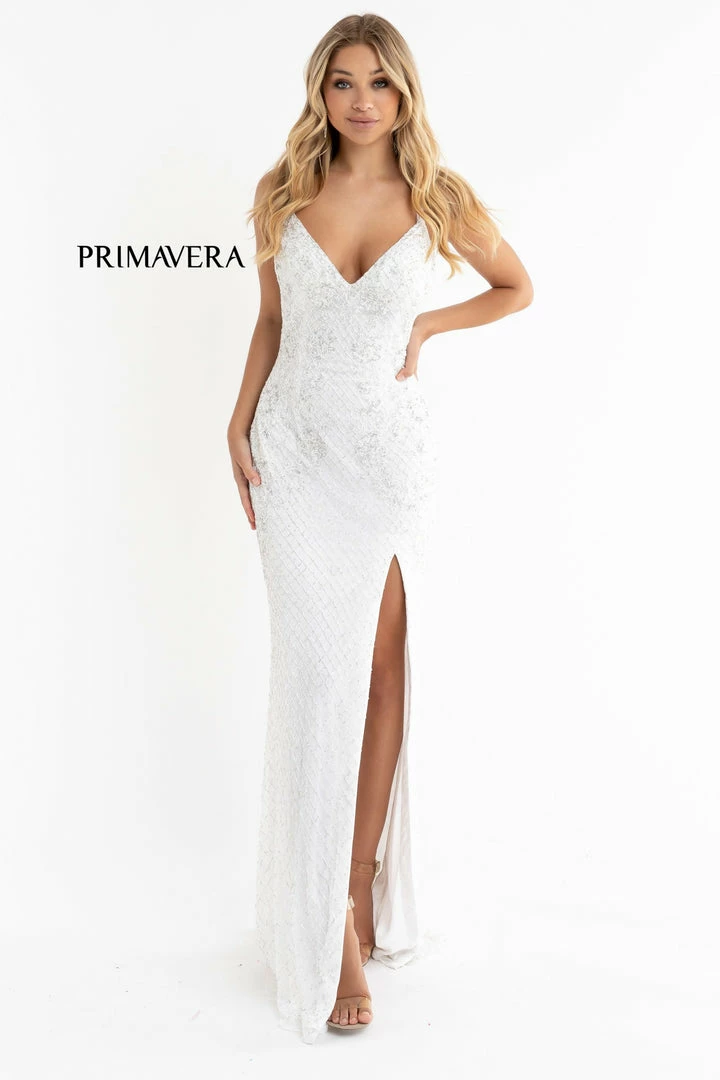 Sequin Dresses Primavera Couture 3747 Strappy Back Prom Dress Beaded V Neckline Evening Gown Slit 6 Sequin Dresses Primavera Couture 3747 Strappy Back Prom Dress Beaded V Neckline Evening Gown Slit