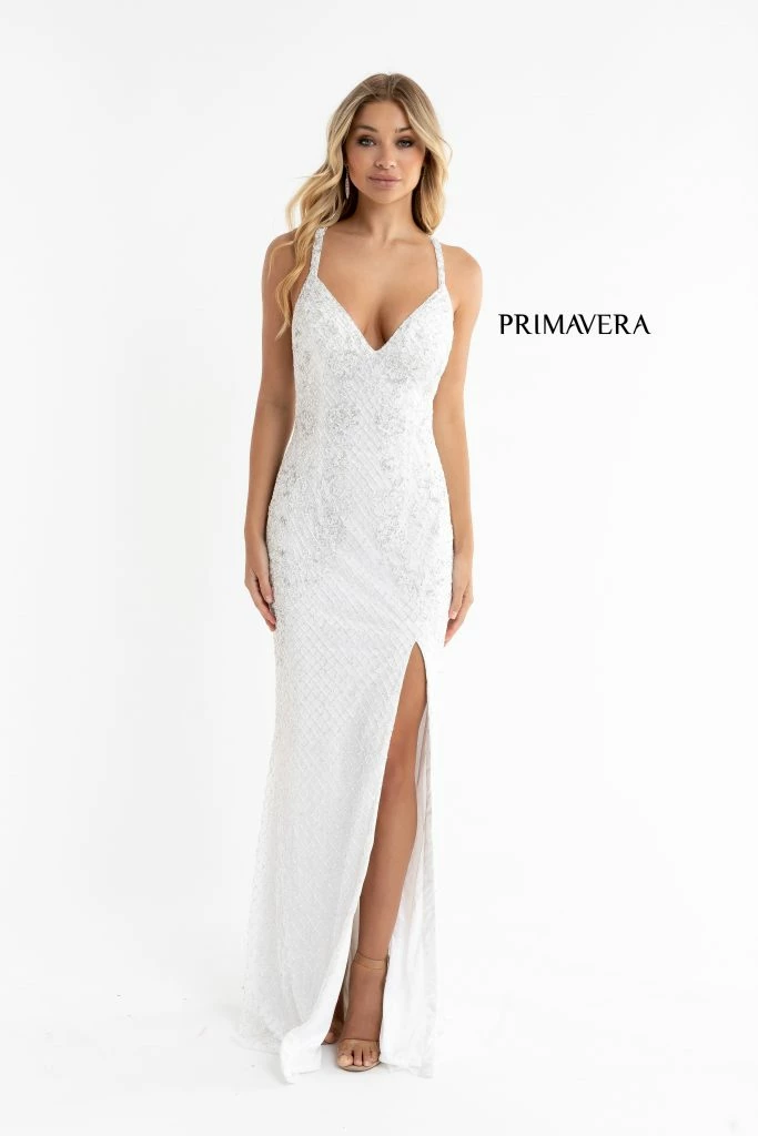 Sequin Dresses Primavera Couture 3747 Strappy Back Prom Dress Beaded V Neckline Evening Gown Slit 12 Sequin Dresses Primavera Couture 3747 Strappy Back Prom Dress Beaded V Neckline Evening Gown Slit