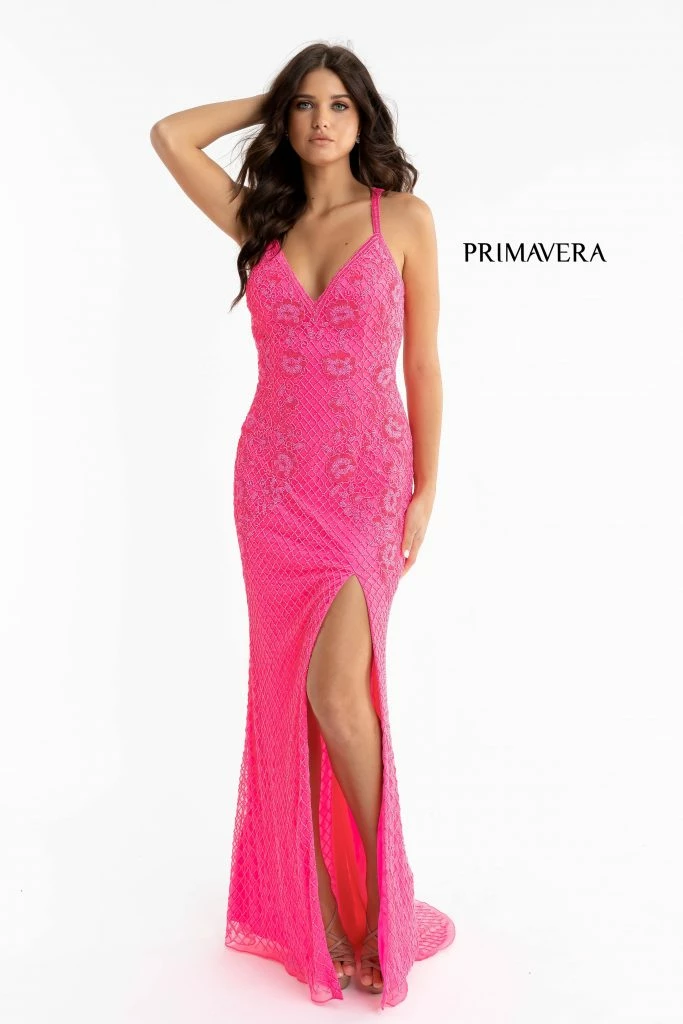 Sequin Dresses Primavera Couture 3747 Strappy Back Prom Dress Beaded V Neckline Evening Gown Slit 9 Sequin Dresses Primavera Couture 3747 Strappy Back Prom Dress Beaded V Neckline Evening Gown Slit