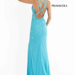 Sequin Dresses Primavera Couture 3747 Strappy Back Prom Dress Beaded V Neckline Evening Gown Slit