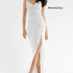 Primavera Couture 3749 Sequined Prom Dress V Neckline Sweeping Train Evening Gown Backless Dresses