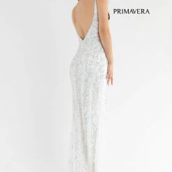 Primavera Couture 3749 Sequined Prom Dress V Neckline Sweeping Train Evening Gown Backless Dresses
