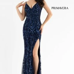 In Stock Primavera Couture 3749 Size 0 Ivory Sequined Prom Dress V Neckline Sweeping Train Evening Gown Backless Dresses