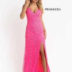 Primavera Couture 3749 Sequined Prom Dress V Neckline Sweeping Train Evening Gown Backless Dresses