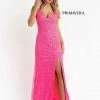 In Stock Primavera Couture 3749 Size 6 Neon Pink Sequined Prom Dress V Neckline Sweeping Train Evening Gown Backless Dresses 1 In Stock Primavera Couture 3749 Size 6 Neon Pink Sequined Prom Dress V Neckline Sweeping Train Evening Gown Backless Dresses