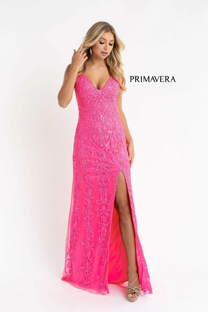 In Stock Primavera Couture 3749 Size 6 Neon Pink Sequined Prom Dress V Neckline Sweeping Train Evening Gown Backless Dresses 3 In Stock Primavera Couture 3749 Size 6 Neon Pink Sequined Prom Dress V Neckline Sweeping Train Evening Gown Backless Dresses