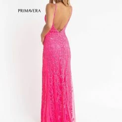Primavera Couture 3749 Sequined Prom Dress V Neckline Sweeping Train Evening Gown Backless Dresses