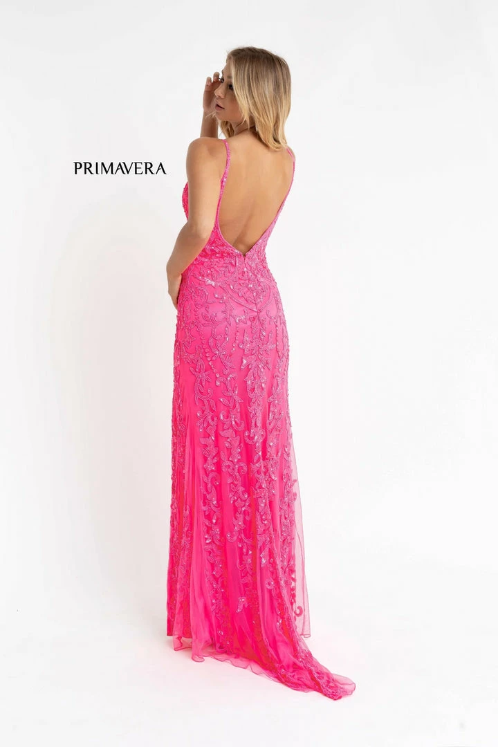 In Stock Primavera Couture 3749 Size 6 Neon Pink Sequined Prom Dress V Neckline Sweeping Train Evening Gown Backless Dresses 4 In Stock Primavera Couture 3749 Size 6 Neon Pink Sequined Prom Dress V Neckline Sweeping Train Evening Gown Backless Dresses