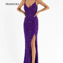 Primavera Couture 3749 Sequined Prom Dress V Neckline Sweeping Train Evening Gown Backless Dresses