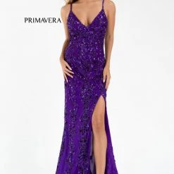 Primavera Couture 3749 Sequined Prom Dress V Neckline Sweeping Train Evening Gown Backless Dresses