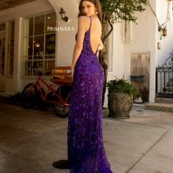 Primavera Couture 3749 Sequined Prom Dress V Neckline Sweeping Train Evening Gown Backless Dresses