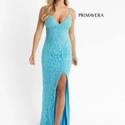 In Stock Primavera Couture 3749 Size 0 Ivory Sequined Prom Dress V Neckline Sweeping Train Evening Gown Backless Dresses