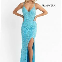 In Stock Primavera Couture 3749 Size 0 Ivory Sequined Prom Dress V Neckline Sweeping Train Evening Gown Backless Dresses