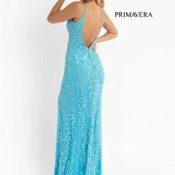 Primavera Couture 3749 Sequined Prom Dress V Neckline Sweeping Train Evening Gown Backless Dresses